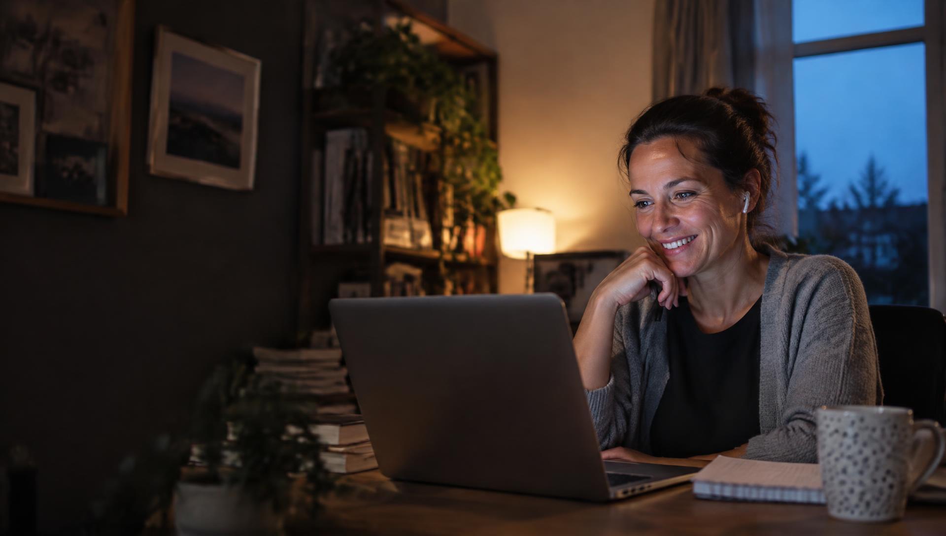 Working professional joining a virtual information session from home in the evening